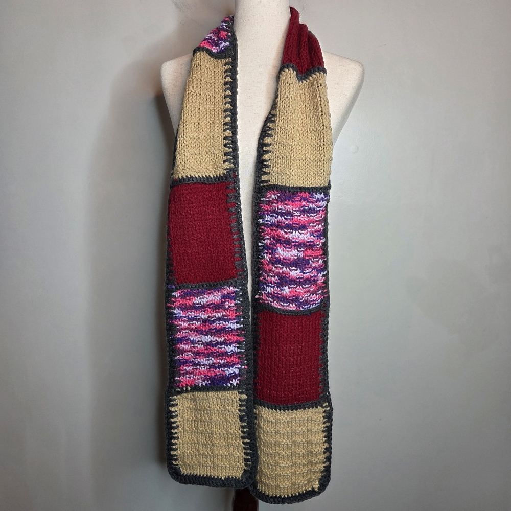 Handmade Crochet Patchwork Scarf Pink Red Cream Colorblock Boho